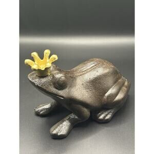 Cast Iron Frog Prince Figurine Patina Gold Crown Garden Cottage Decor Heavy